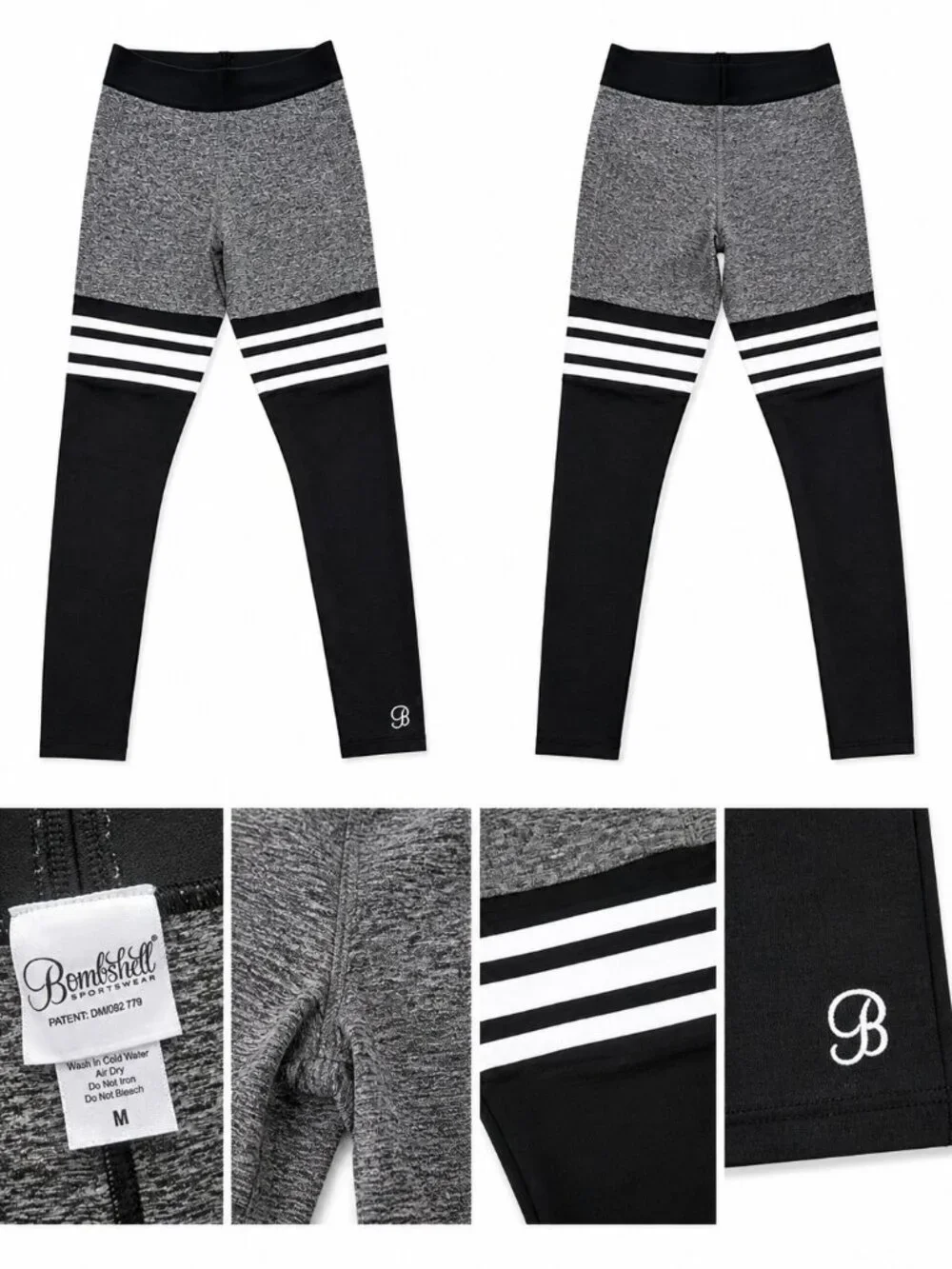 Bombshell Sportswear Leggings Size M Black Gray Colorblock Striped Activewear - Picture 1 of 1